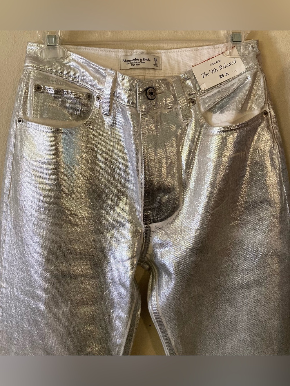 Abercrombie & Fitch Silver Metallic High Rise Relaxed Fit Jeans
